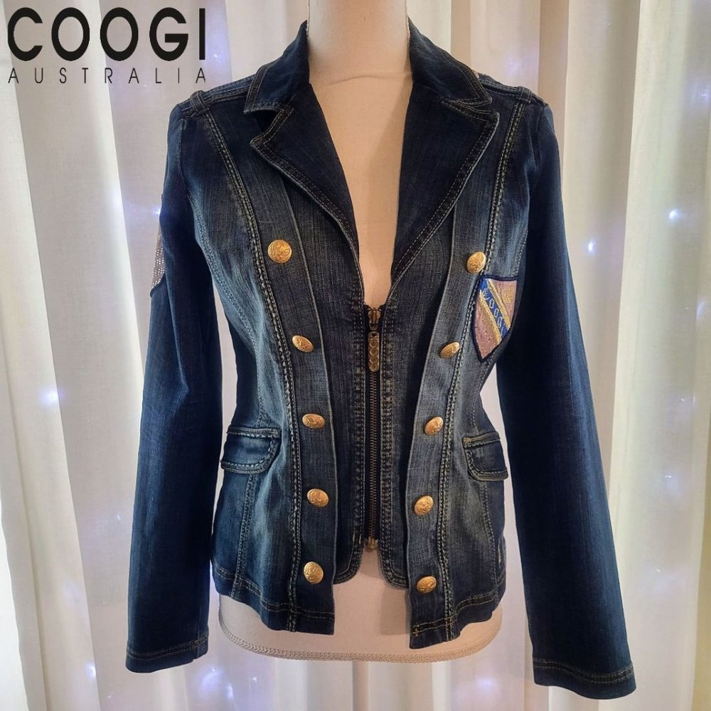 Coogi Denim Blue Jean Jacket Embroidery Military Patches Zipper Sz Med